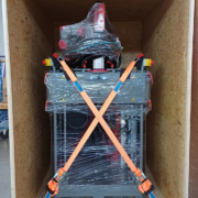 Alpaka Schweißcobot verzurrt in der Transportkiste für den Versand nach Spanien